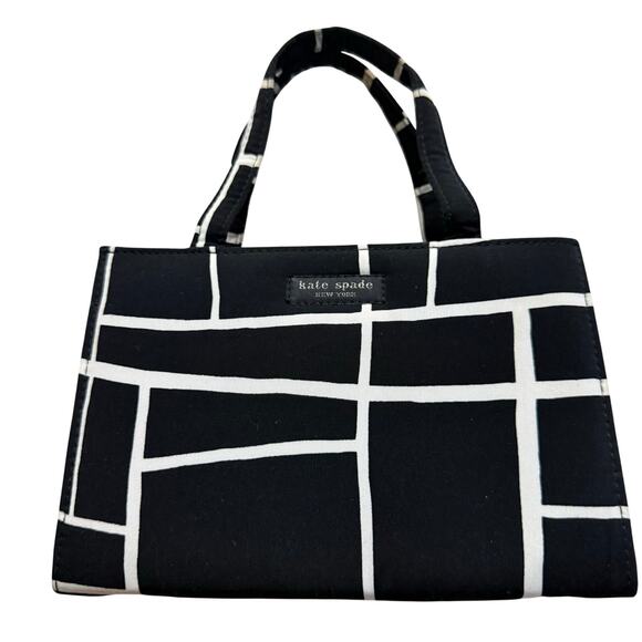 Kate Spade New York Black & White Geometric Print Satchel Bag with Red Interior - Picture 1 of 8